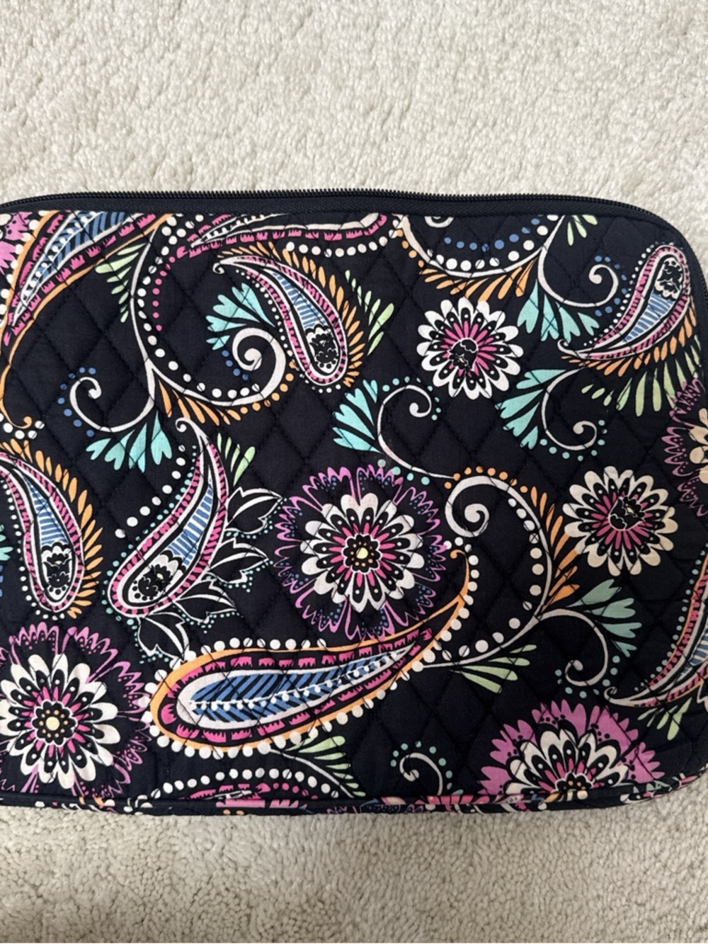 Vera Bradley Quilted Laptop Sleeve - Black with Pink and Teal Paisley
